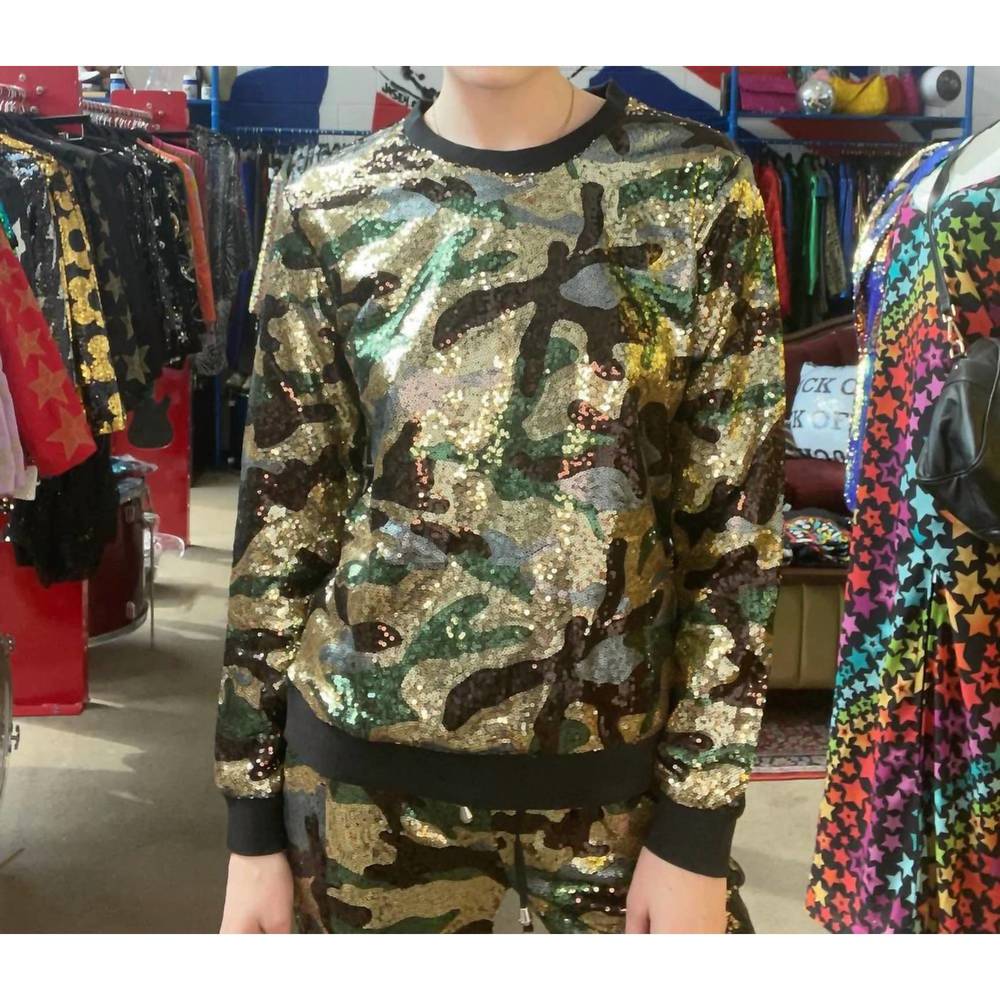 NEW ANY OLD IRON camo sequin sweatshirt in green / brown / gold